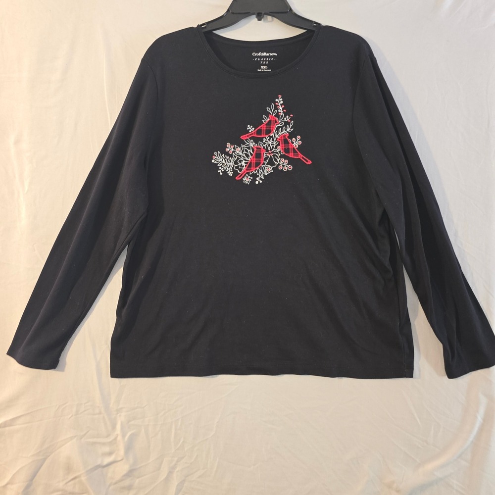 Croft & Barrow Long Sleeve Tee XXL Women Black Plaid Cardinal Embroidered